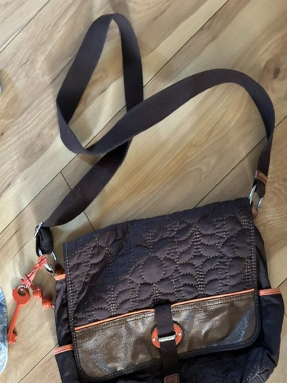 Fossil Key per cloth messenger brown shoulder purse hand bag medium large